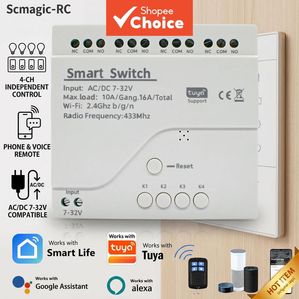 Módulo de Interruptor Inteligente 4CH de Relé Tuya para Casa Inteligente AC/DC 7-32V Controle Remoto Rádio 433Mhz