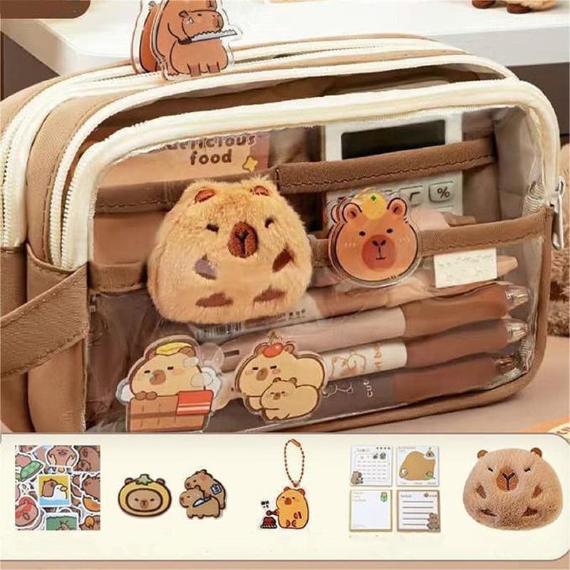 Estojo Estético Transparente Capivara Bolsa Multicamadas De Grande Capacidade Com Enfeites Broche Adesivos Pingente Nota