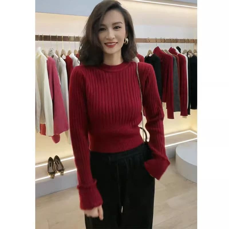 Pulôver em torno do pescoço curto malhas outono inverno moda temperamento camisola vermelha magro-ajuste simples roupas