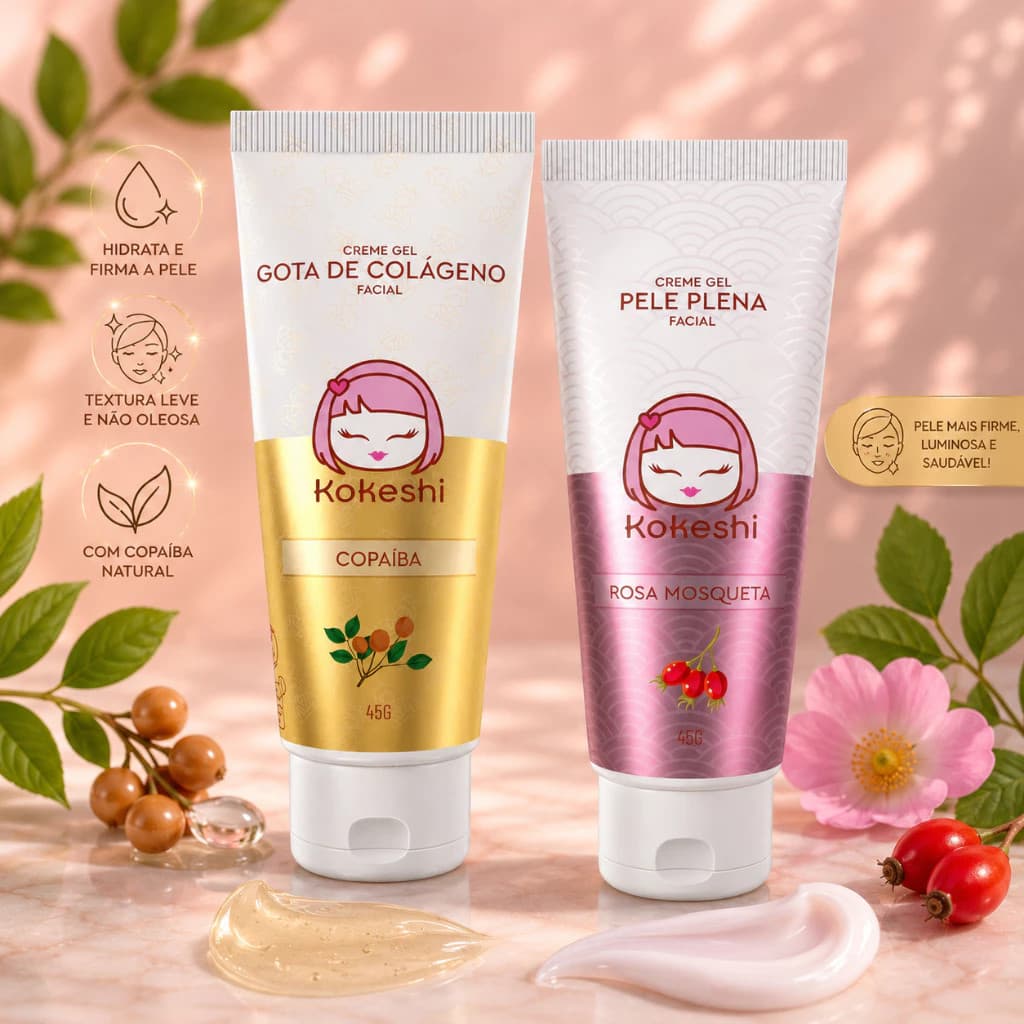 KIT Creme Gel Regenerador Facial Gota de Colágeno E Pele plena Kokeshi 45g