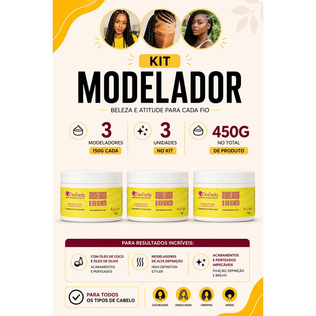 Kit 3 Pasta Modeladora Fio de Fada Kaloma 150g | Pomada Tranças Baby Hair Alta Fixação