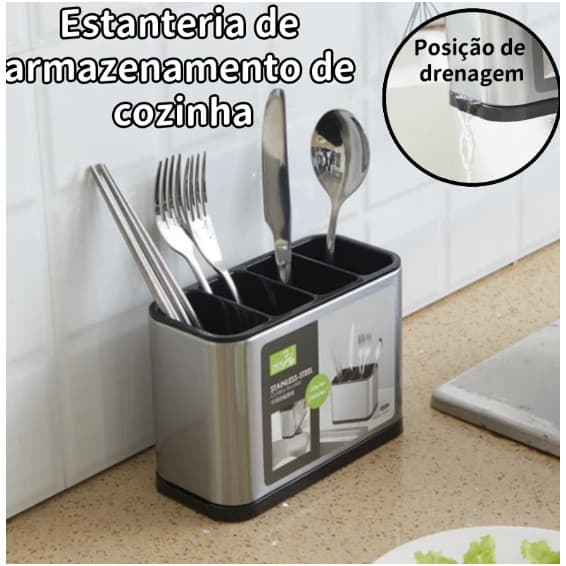 Porta Talher Cozinha Talheres Escorredor Vazado Pia Aço Inox Pronta Entrega