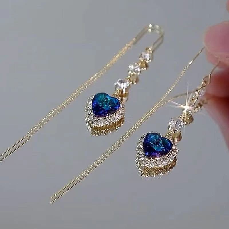 Brincos em forma de coração de cristal azul, tipo A, finos, leves, luxuosos, de alta qualidade, multifuncionais, He KS3E