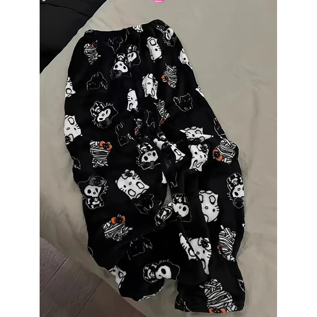 Pijama Casual Diário de Desenho Animado Hello Kitty da Sanrio Horror, Calças de Dormir de Flanela Quentes e Confortáveis