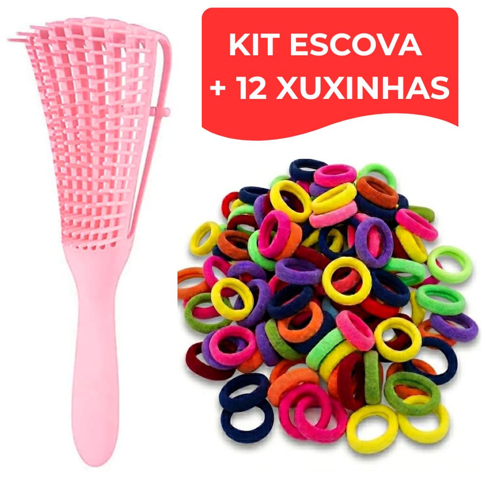 Escova Cabelo Mágica Desembaraçadora Anti Frizz Polvo + 12 Xuxinha Rabicó Sem Quebras