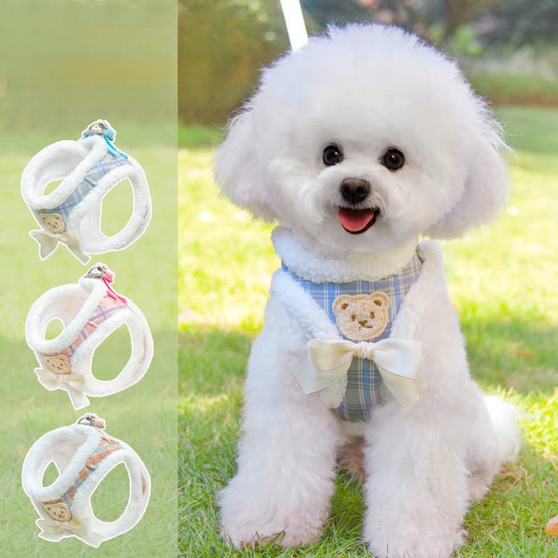 Coleira Para Cachorro De Estimação , Cinta Peitoral , Roupas De Gato , Urso Fofo , Laço , Filhote De , Pelúcia , Colete