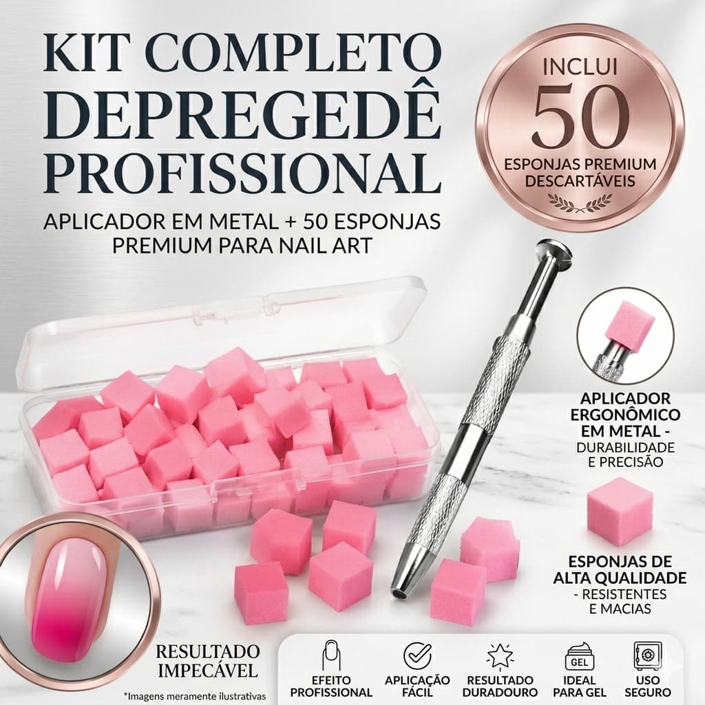 Kit Esfumado Unhas Nail Art Aplicador Metal + 50 Esponjas Descartáveis Degradê Gel Profissiona
