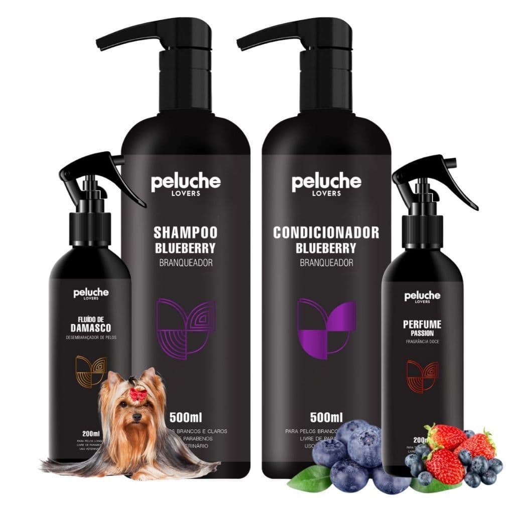 Kit Banho Pet Blueberry Branqueador Perfume Passion Desembaraçador Peluche Para Cães Gatos