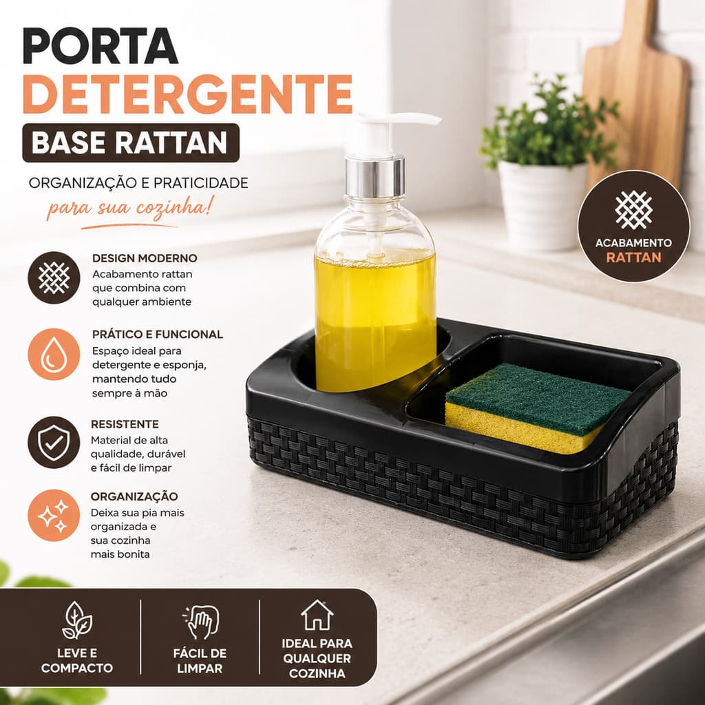 Porta Detergente Rattan Esponja e Sabão Preto Com Base Pia Plástico Preto