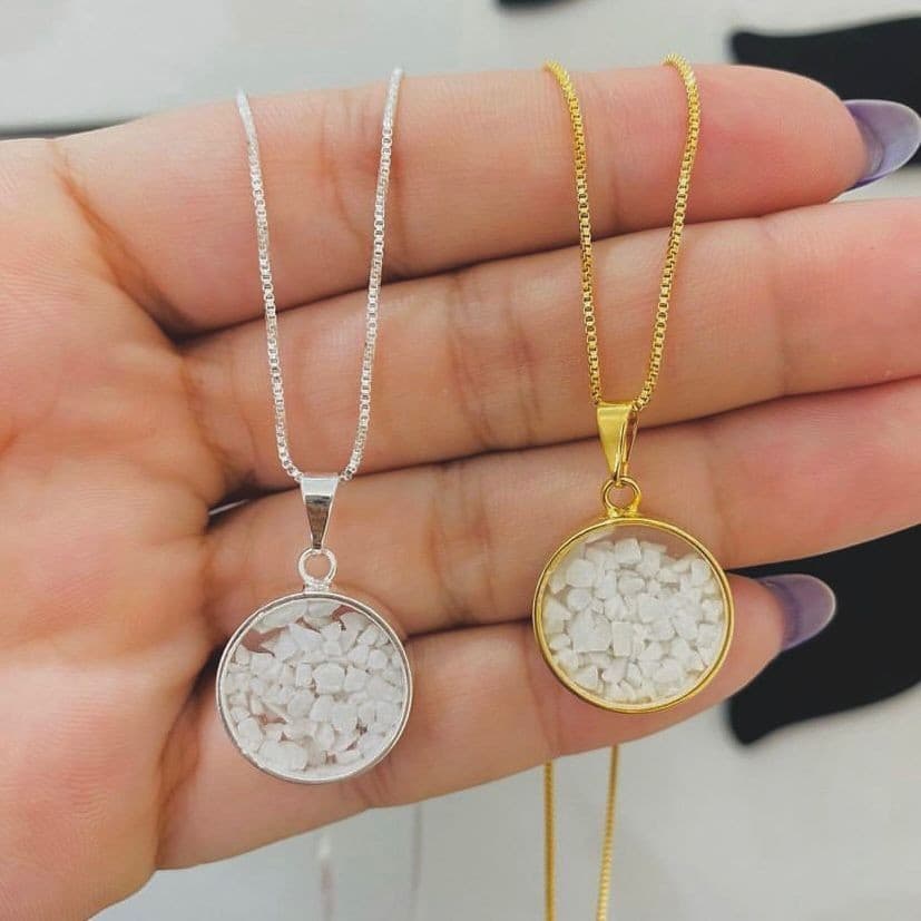 Colar Sal Grosso em Capsula a Vácuo Proteção Folheado a Prata 925 Amuleto