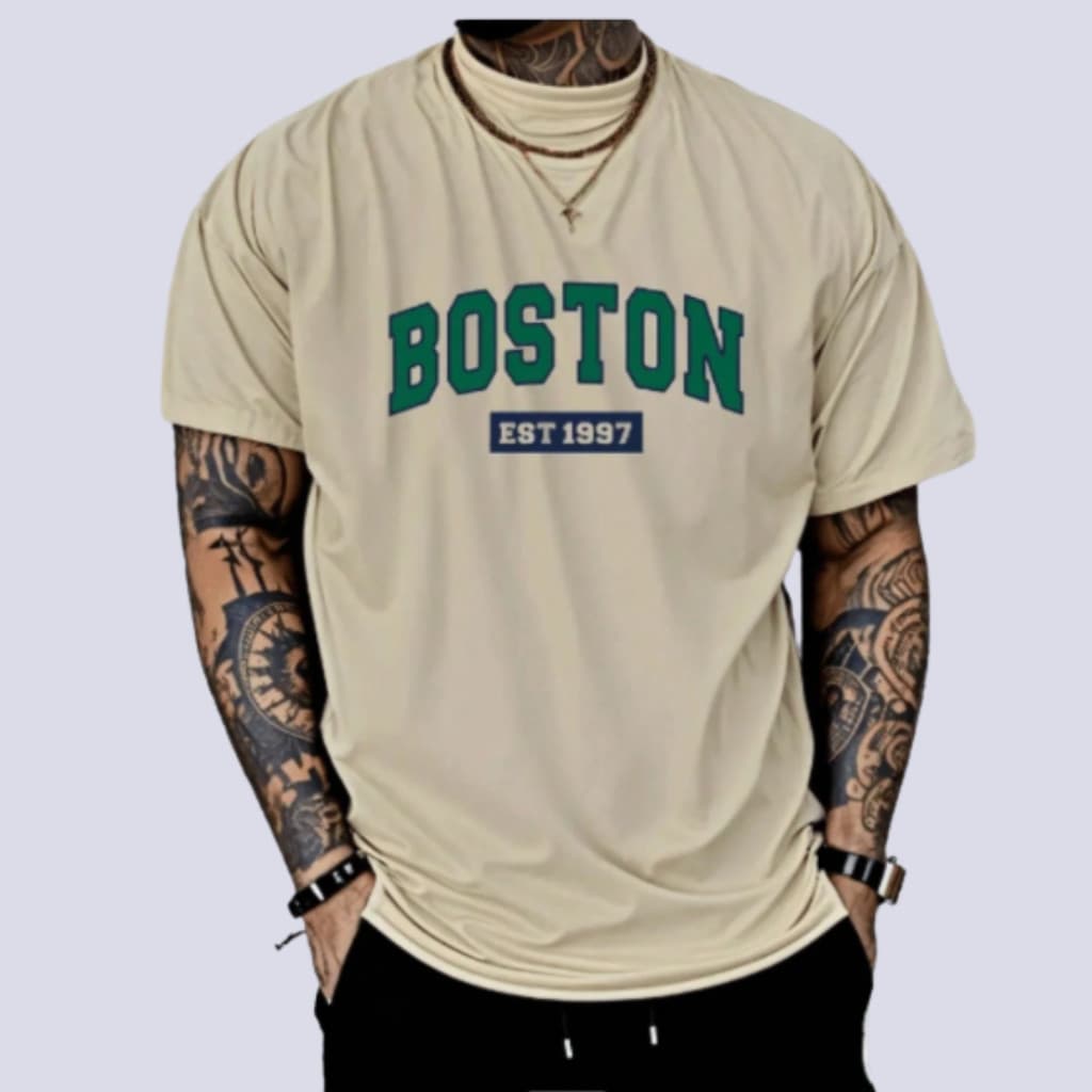 Camiseta Masculina Boston Camisa Estampada 100% Algodão Camisa Homem