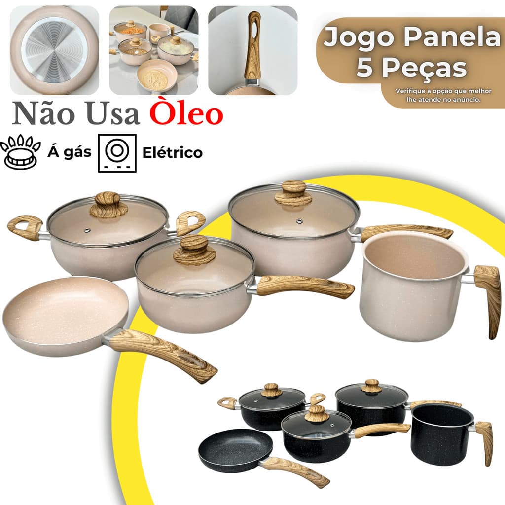 Jogo de Panelas 5 Peças Conjunto Caçarola Frigideira Cerâmica Antiaderente para Fogão e Gás Grande