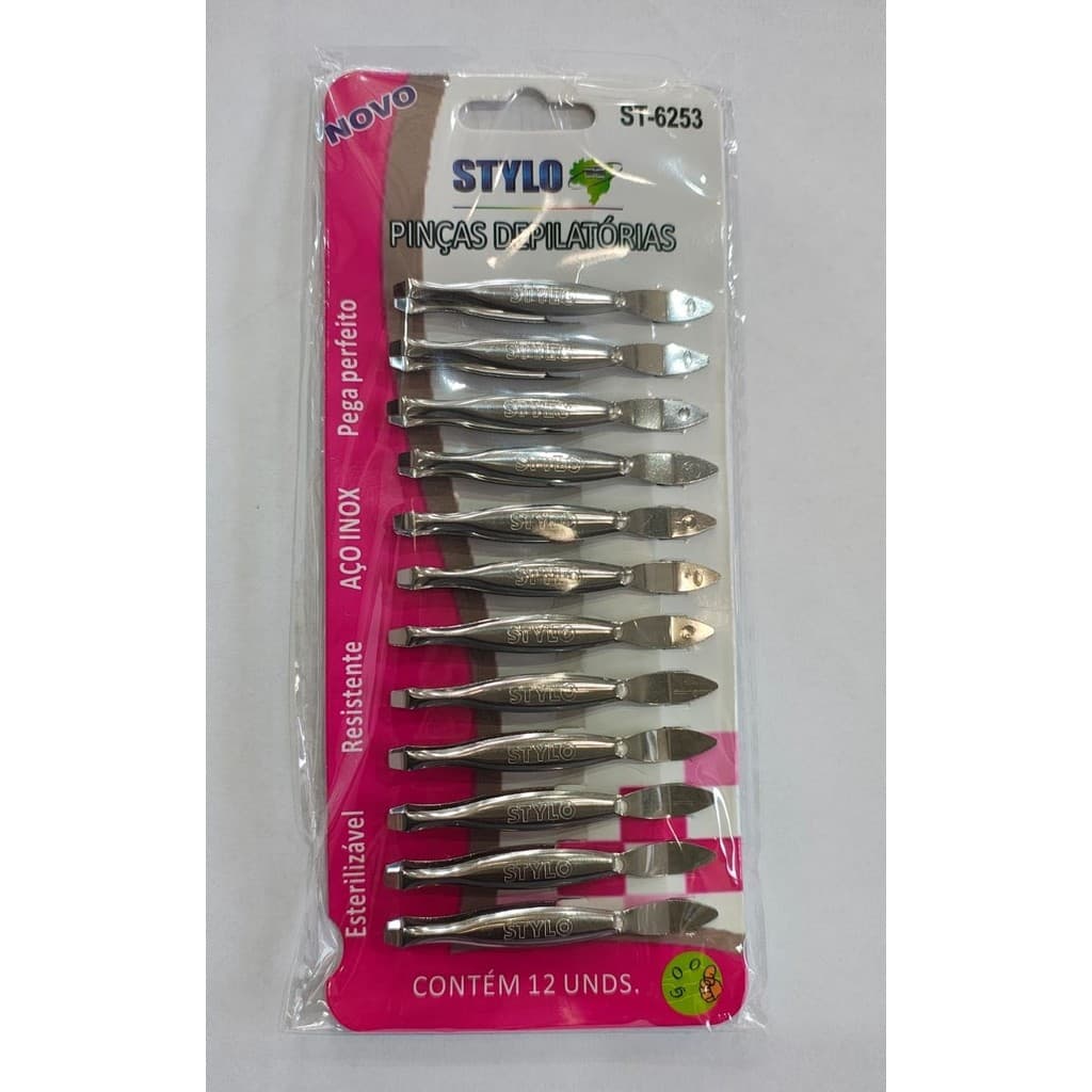 Pinças Depilatorias Em Aço Inox Stylo - Pacote Com 12 Un