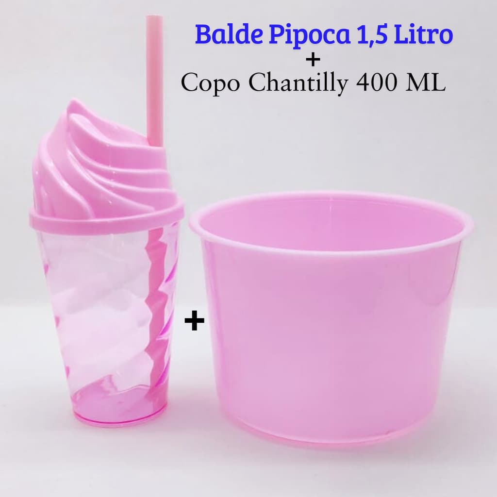 Kit 4 Balde de Pipoca 1,5L + 4 Copo Chantilly 400ml - Festa Infantil, Cinema em Casa, Lembrancinha