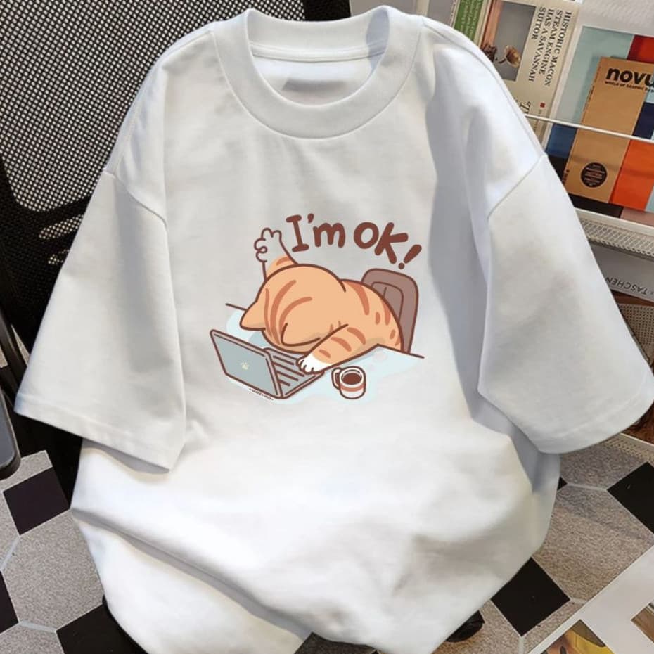 tshirt Camiseta Larga Oversized Estampa Minimalista Unissex Gatinho Fofo Im Ok Casual Algodão