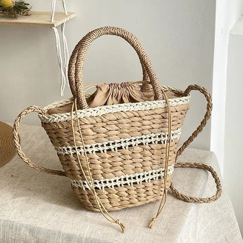 Bolsa de Palha Feminina 2025, Verão, Grande Capacidade, Trançada, Ombro e Transversal, Estilo Fashion