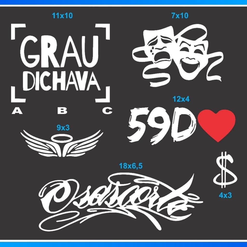 Kit 06 Adesivos GRAU DICHAVA, 59D, CHORA AGORA RIR DEPOIS, CIFRÃO, ANJO Moto, OSASCORTE - PROMOÇÃO