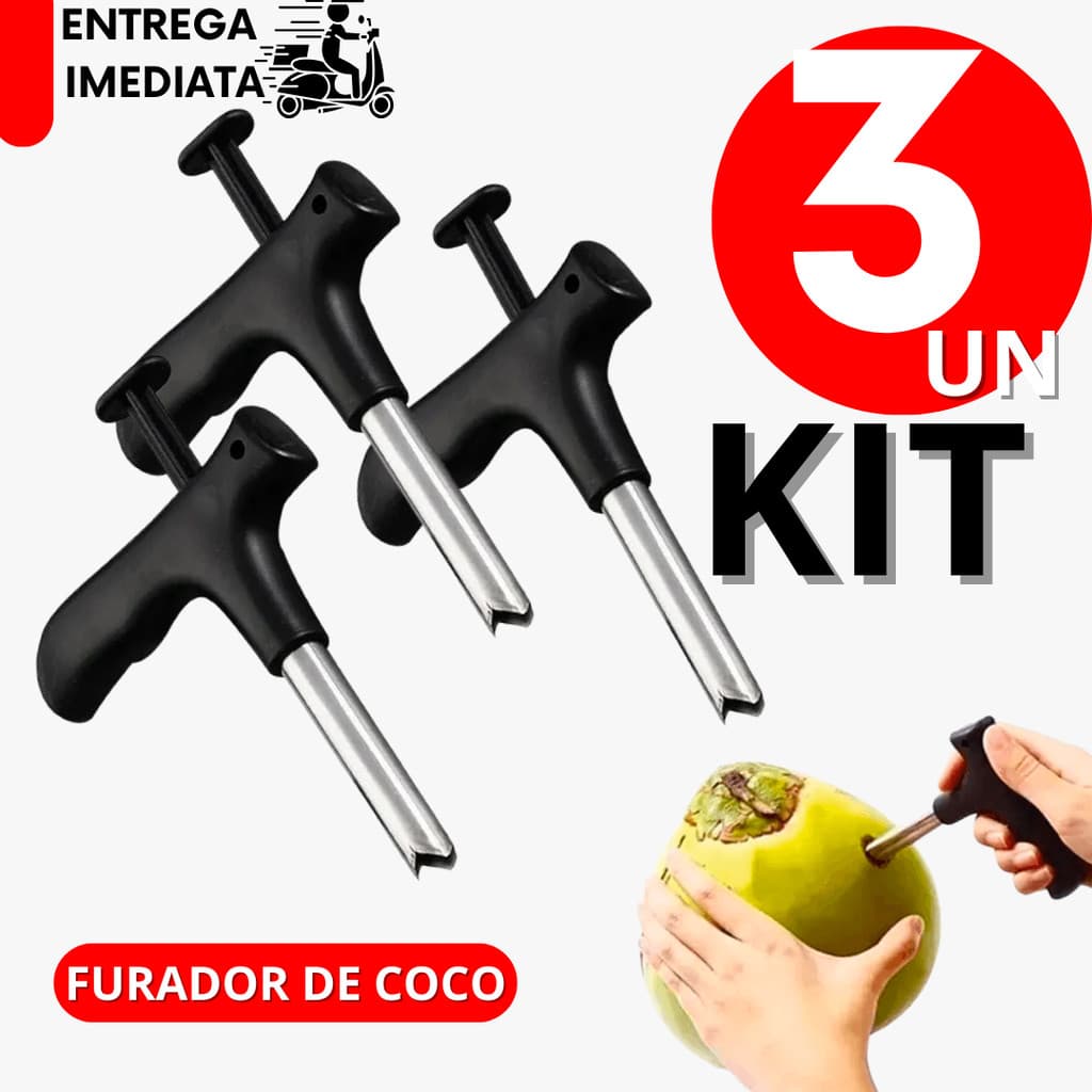 Furador de Coco Manual 03 Unidades Prático e Ideal Para Abrir Coco em Bares e Quiosques de Praia