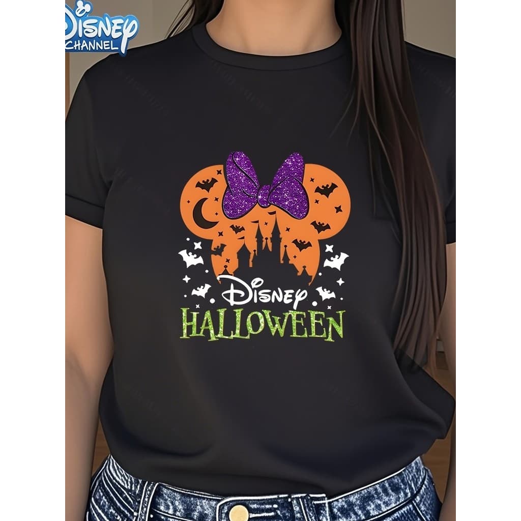 Camiseta Feminina Disney Halloween Minnie Mouse Roxo Morcegos Unissex Oversized 100% Algodão Festa Envio Imediato