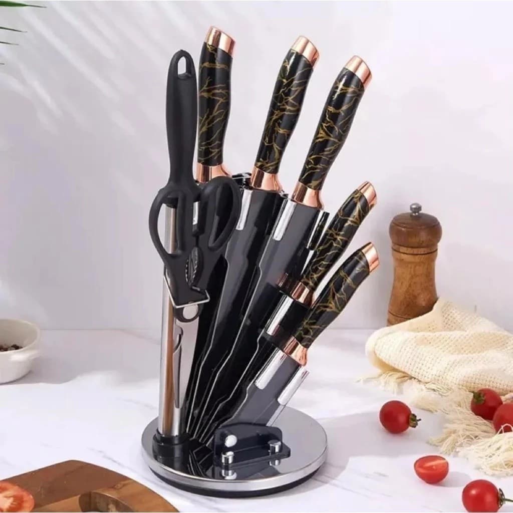 Faqueiro Inoxidável Kit Cozinha Premium Conjunto de Facas 9 peças Base Giratória + Descascador