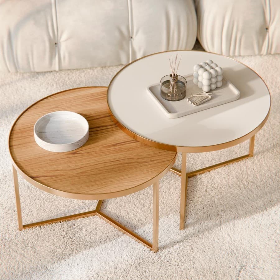 Kit 2 Mesas Mesinhas de Centro para Decoração Metal Dourada com Tampo de Vidro Off White e Tampo Lamina Cinamomo