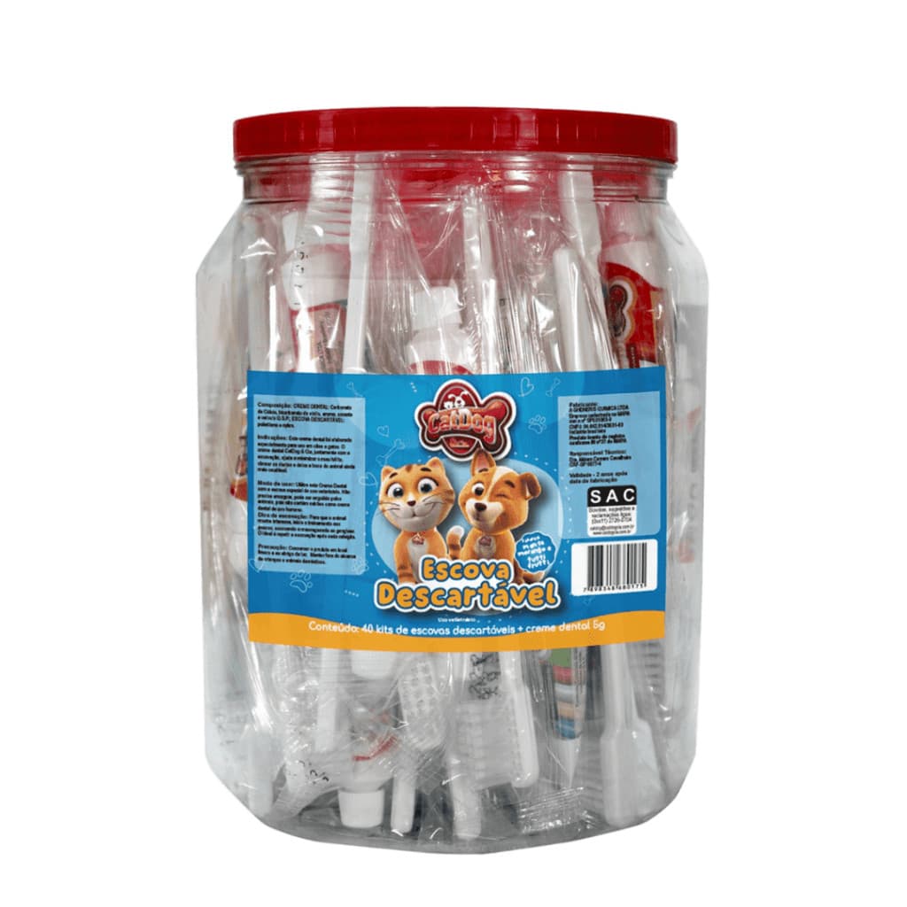 Kit Pote de Escova Descartável + Creme Dental Pet 40u CatDog para Cachorro e Gato Pet Shop