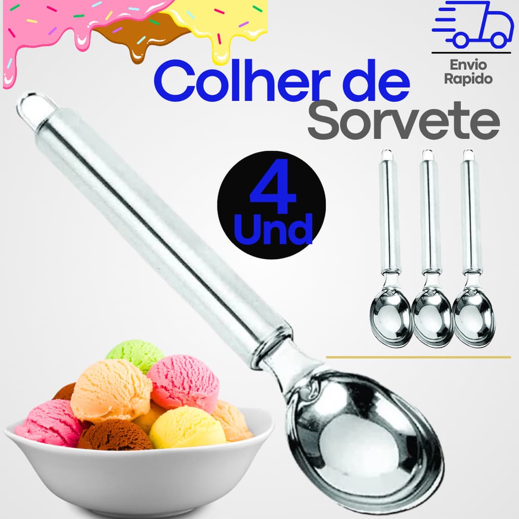 Kit 4 Colher De Sorvete Açai Concha Aço Inox Reforçado Utensílio Cozinha Sorveteria
