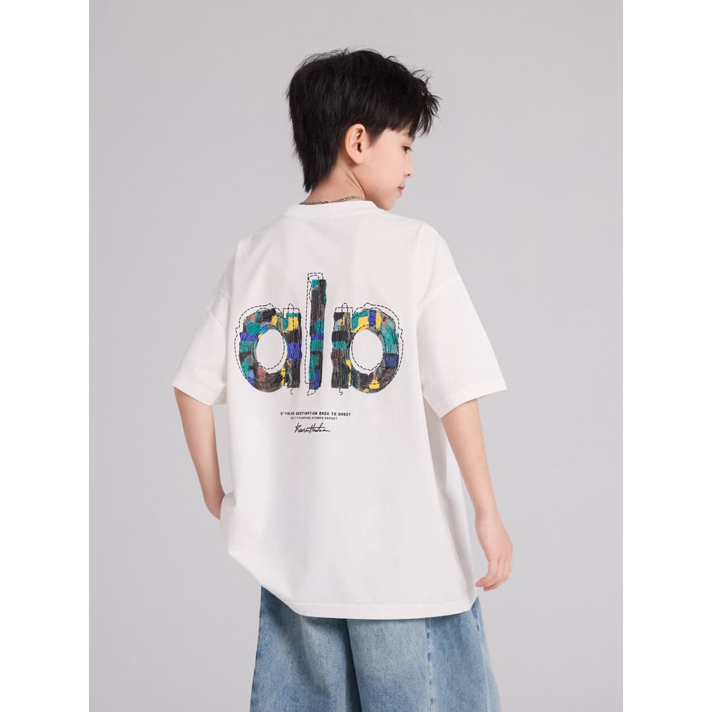 Camiseta para meninos verão novo estilo camiseta infantil letras brancas médio grande roupas infantis casuais verão mang