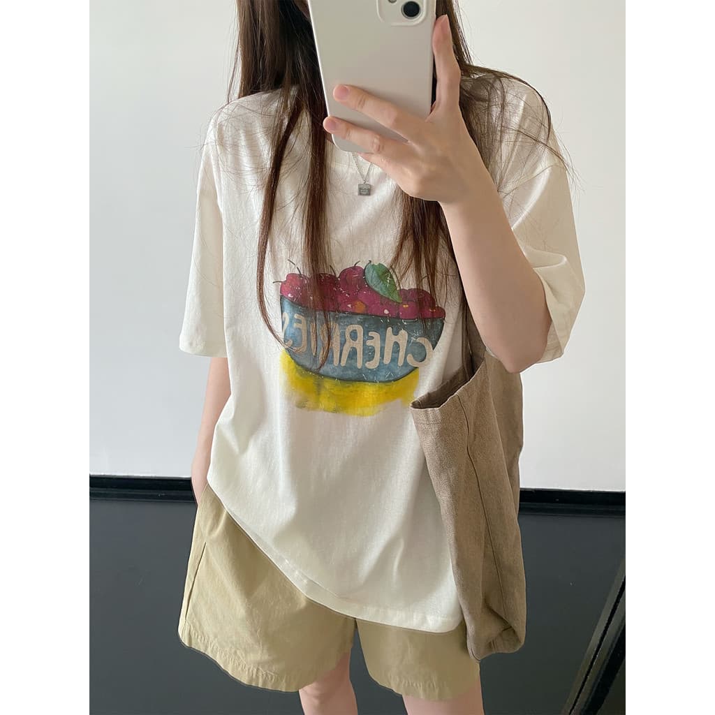 Sun Pomelo Aquarela Pintada à Mão Estilo Cereja Tigela Impressa Camiseta Fina Casual All-Match Gola Redonda Curta-