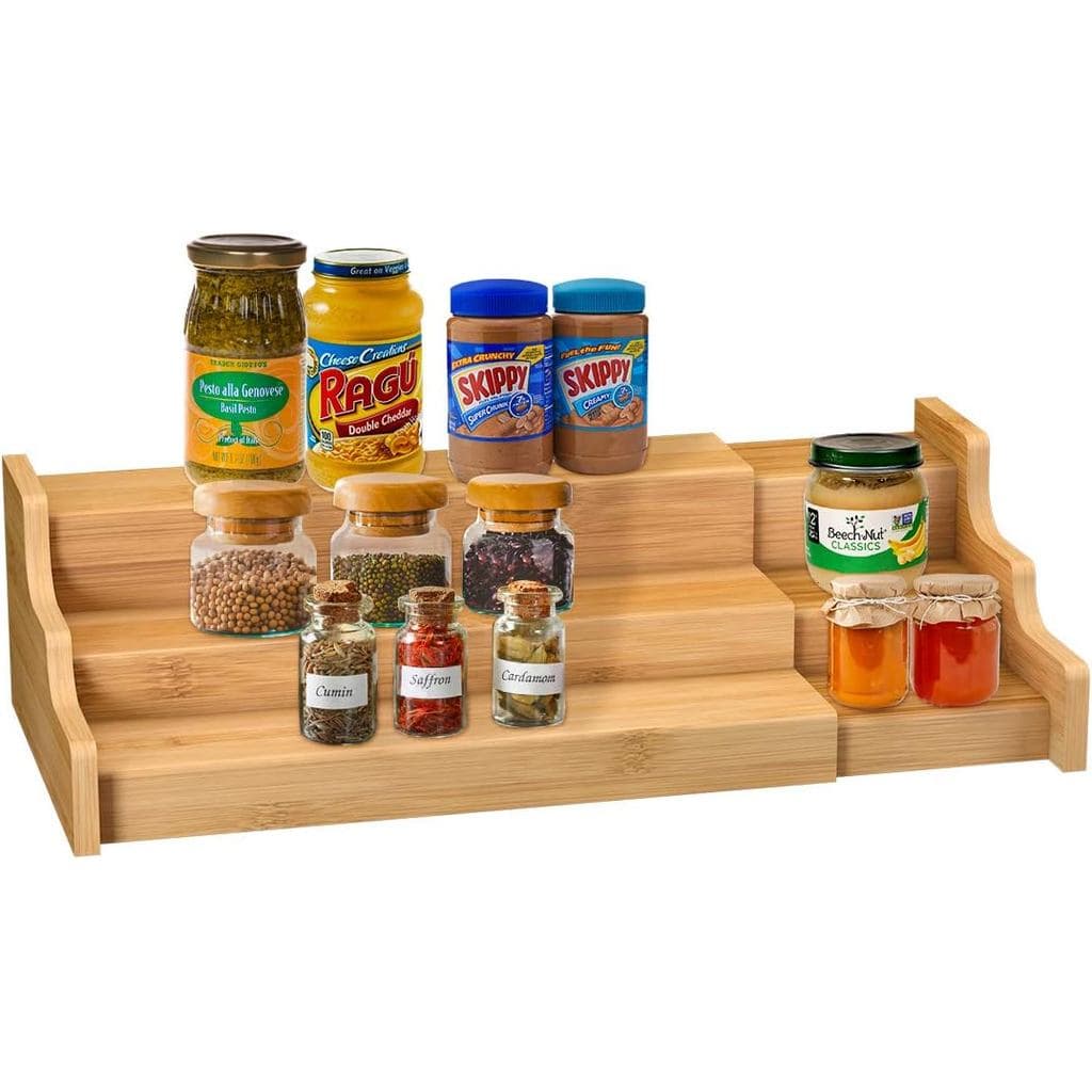 Organizador de Armário de Cozinha para Temperos - Prateleira de Exibição Expansível de Bambu de 3 Níveis Amarela 4JAG