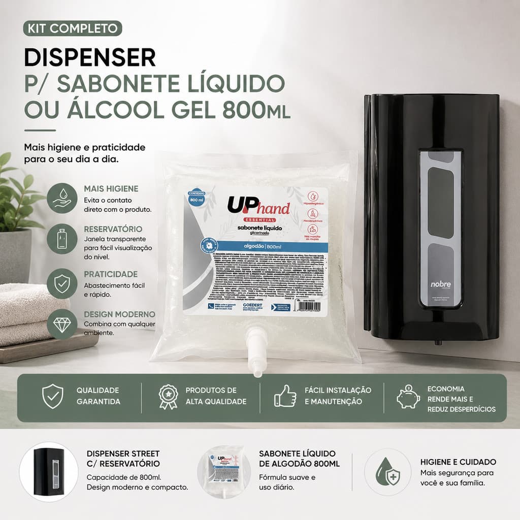 SABONETEIRA DISPENSER PARA SABONETE LÍQUIDO/ÁLCOOL GEL 800ML. (COM RESERVATORIO)  NOBRE + SABONETE ALGODAO 800ML UPPRO
