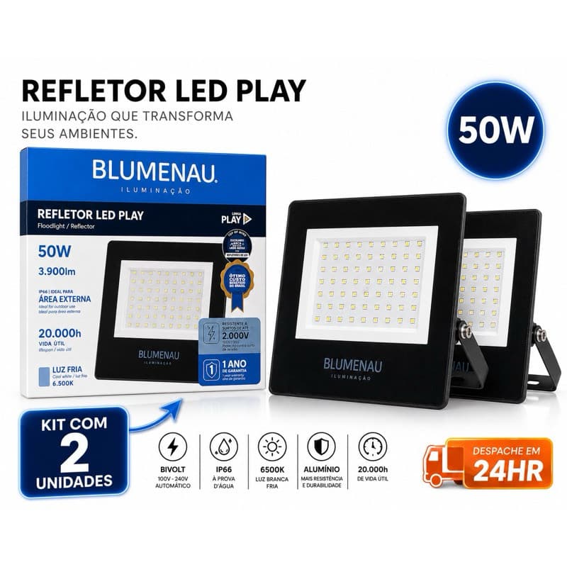 2 / 1 Refletores LED 50W Blumenau Alumínio Bivolt IP66 6500K 3000K Externo Prova D'Água AltaPotência Jardim Garagem
