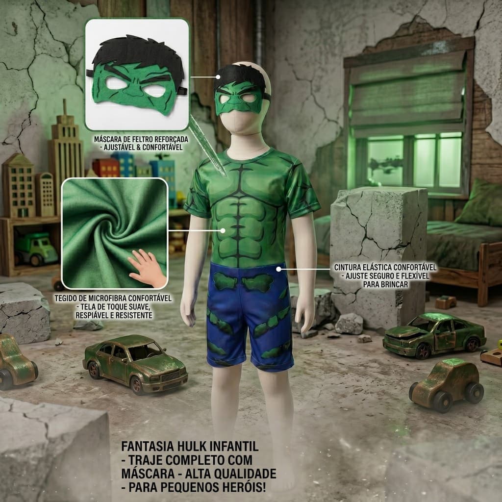 Fantasia Infantil Hulk Curta Com Máscara Premium