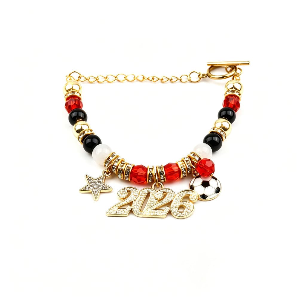 Pulseira de Futebol da Copa do Mundo 2026 com Pingente Pentagrama Cravejado de Diamantes Banhado a Ouro, Pulseira Ajustá
