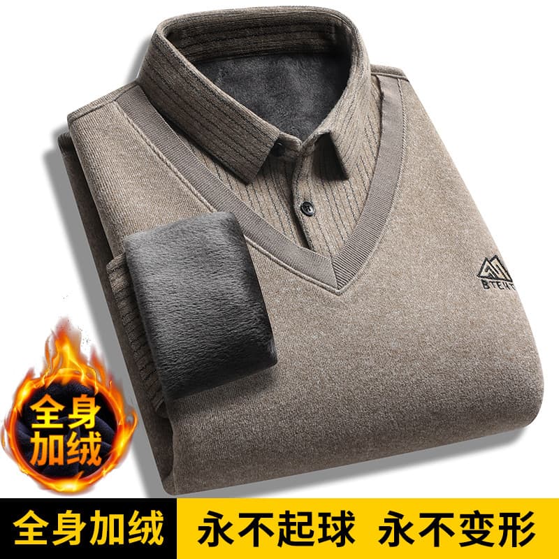 Pai roupas de inverno falso suéter de duas peças forro de lã masculino de meia-idade engrossado Bott de malha
