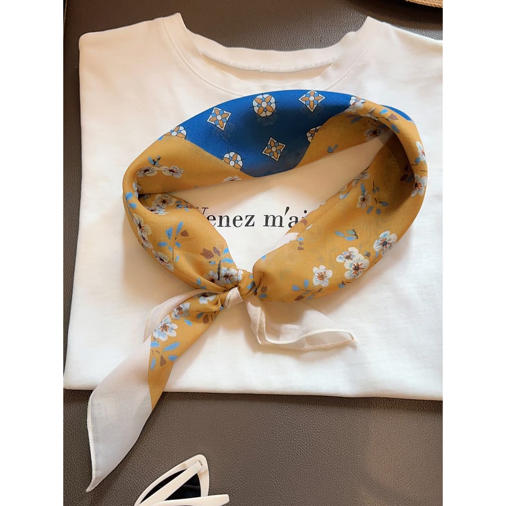 Selo de sequência de verão amarelo azul cor combinando lenço de seda Floral 70 estilo fino lenço quadrado decoração de c
