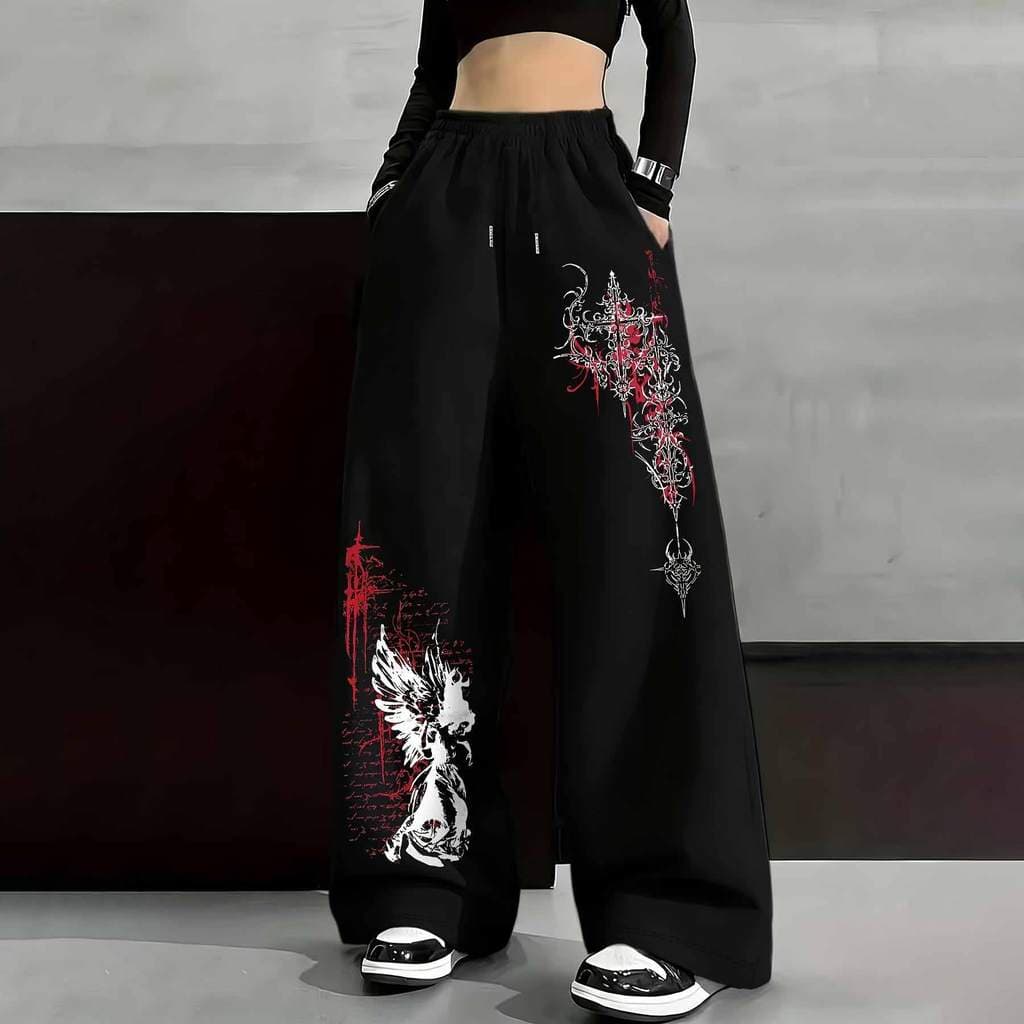 Calça Wide Leg Hip-Hop Y2K Raios Estilosos Premium Streetwear Baggy Larga Estilosa Anjo Vermelho