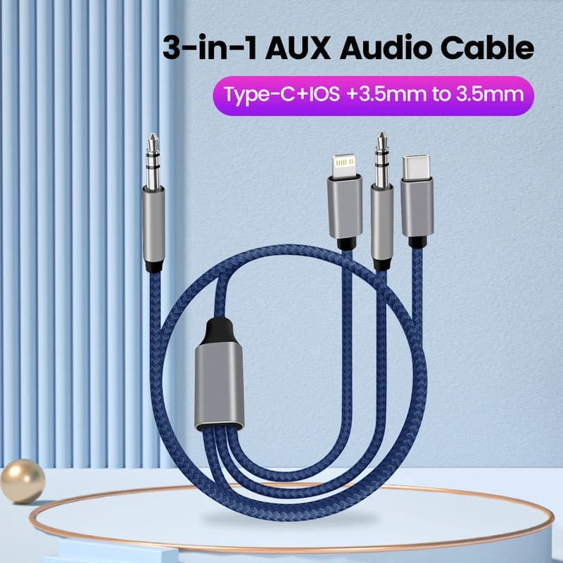Cabo Adaptador 3 em 1 Tipo C com Conector Auxiliar de 3,5 mm para Cabo de Áudio IOS para iPad e Alto-falante de Carro, C