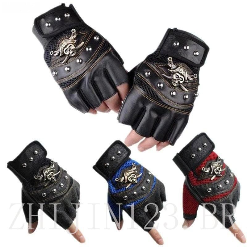 1 Par de Luvas Sem Dedos de PU com Capuz de Caveira Rebite Unissex Moda Hip Hop Mulheres Academia Punk Meio Dedo Pira