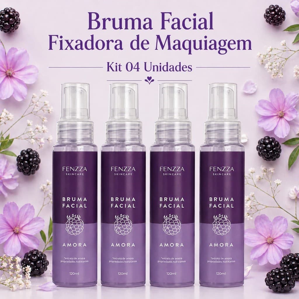 Kit 04 Unidades Bruma Facial de Amora 120ml  Cuidado diário Hidrata e Protege a pele  Fixador de maquiagem