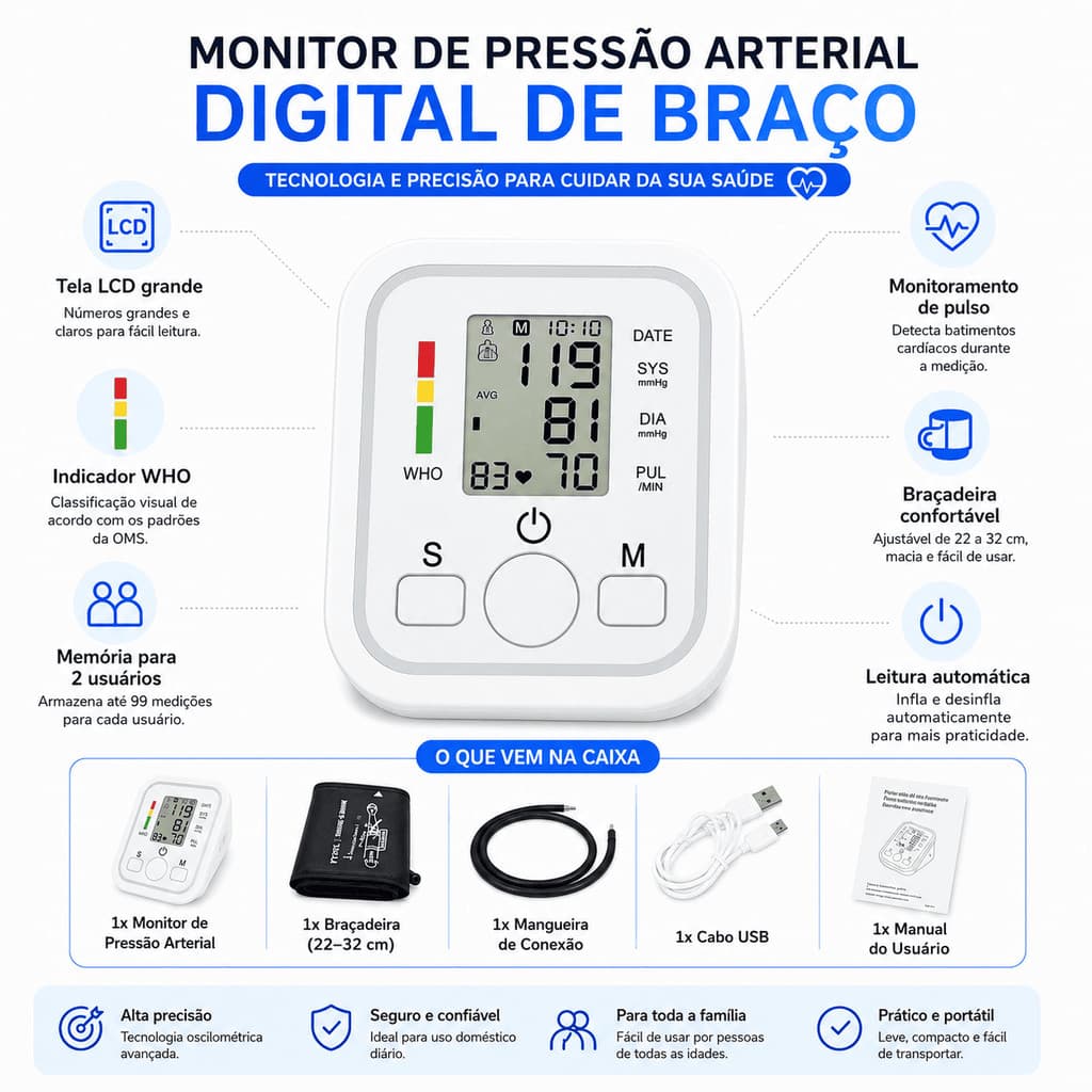 Medidor Pressão Arterial Digital Braço Função Voz Português