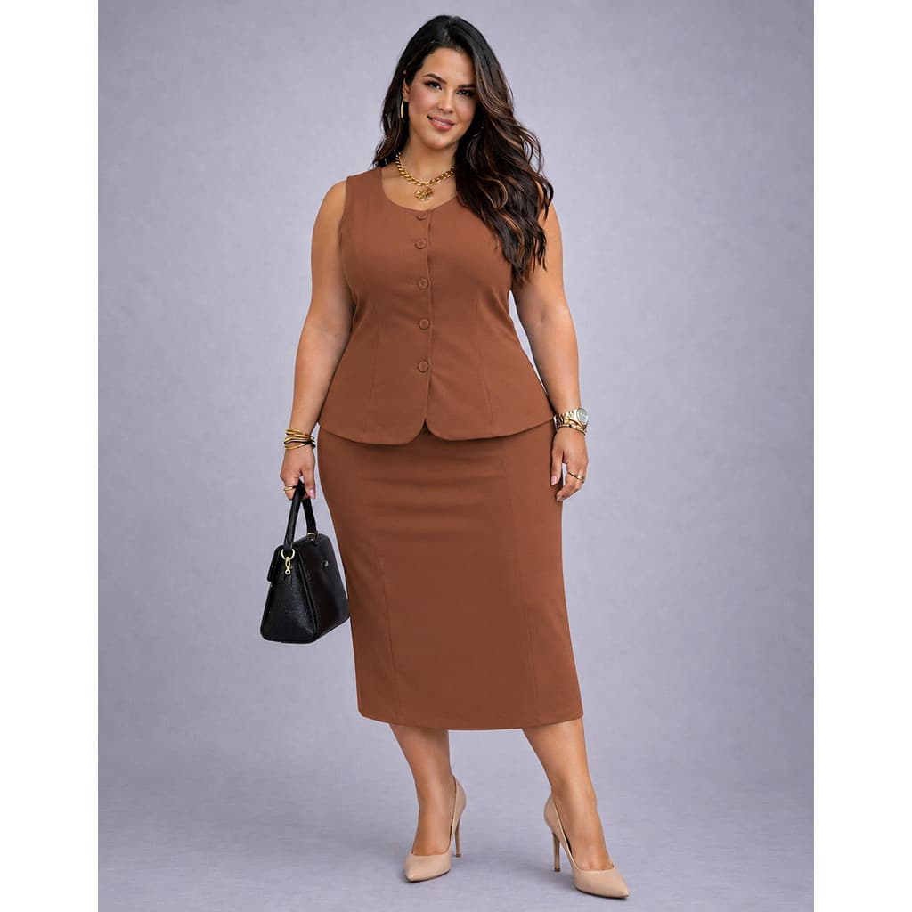 Conjunto Feminino Alfaiataria Plus Size Elegante Com Saia Longa e Manga Curta - Roupa de Verão