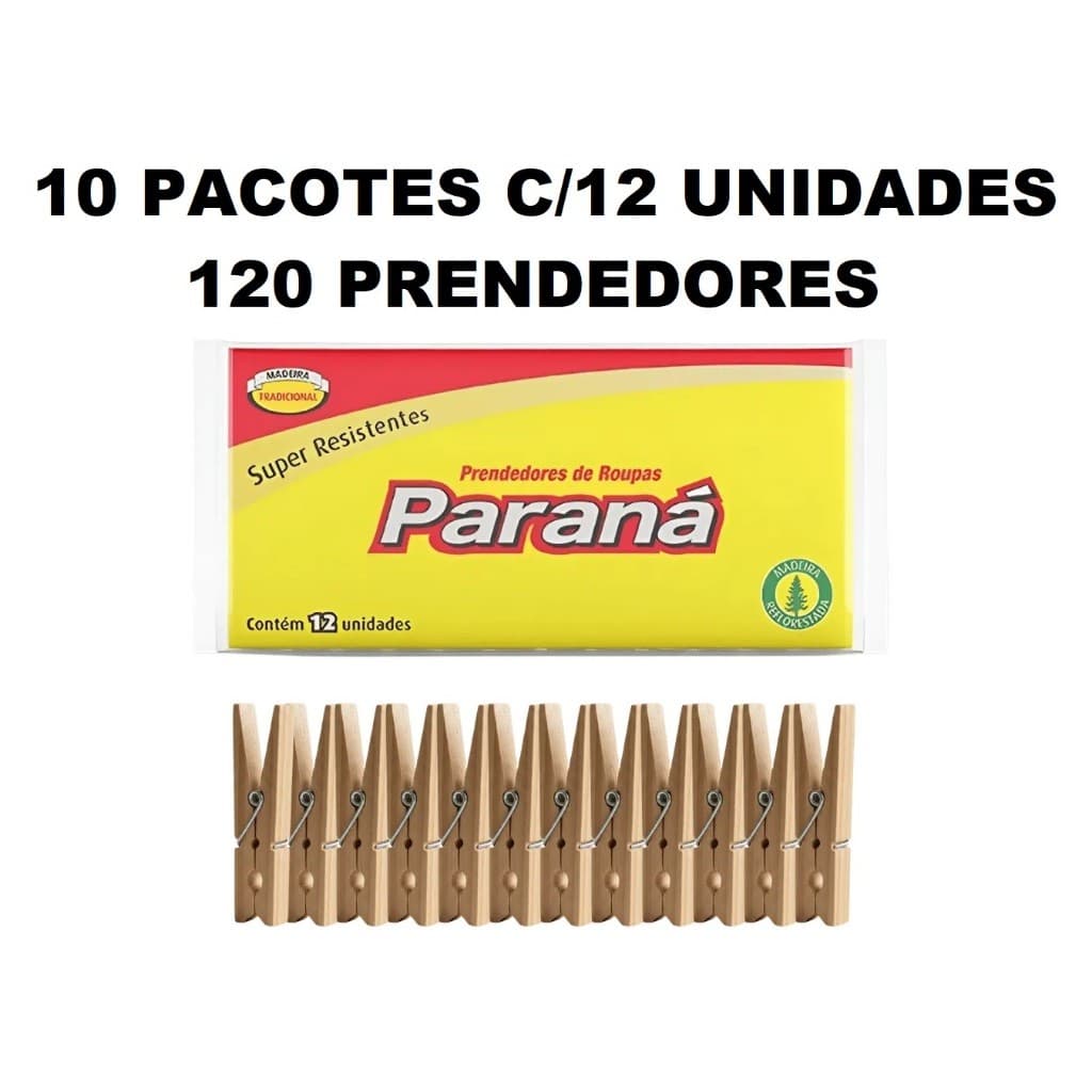 120 PRENDEDORES DE ROUPAS PARANÁ 10 PACOTES C/12 UNID MADEIRA PARA VARAL