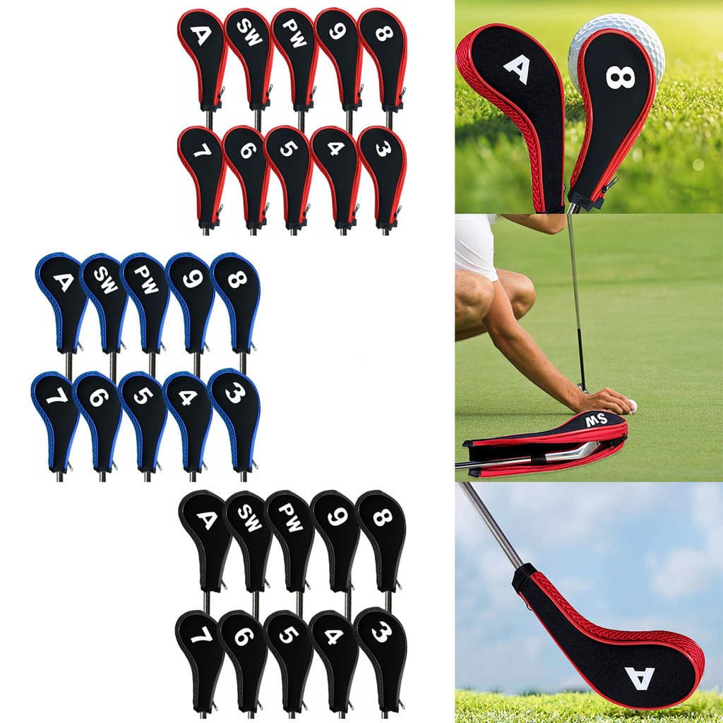 10 Unidades/Conjunto Capas De Cabeça De Ferro Para Tacos De Golfe De Neoprene , Pescoço Longo Preto/Vermelho/Azul Com Zí