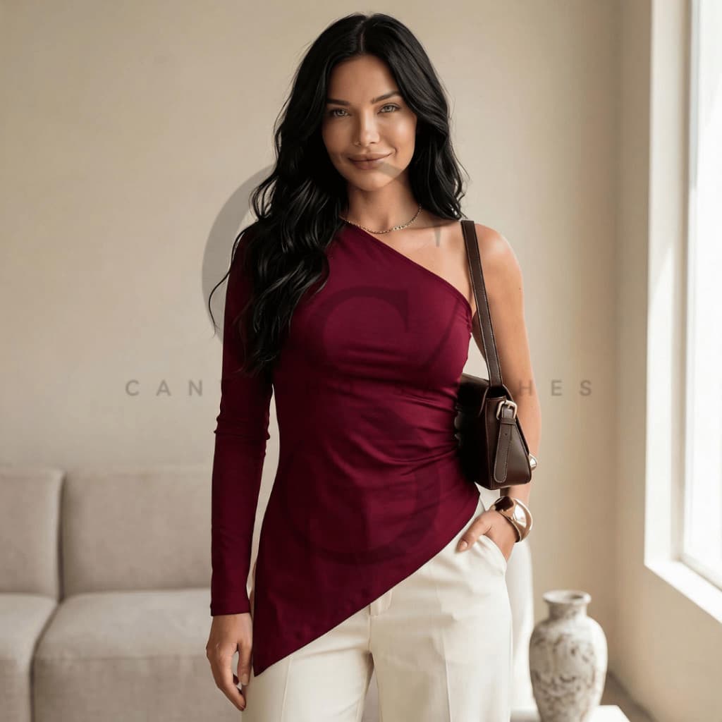 Blusa Feminina Assimétrica Suplex Um Ombro Manga Longa Fashion Tendência