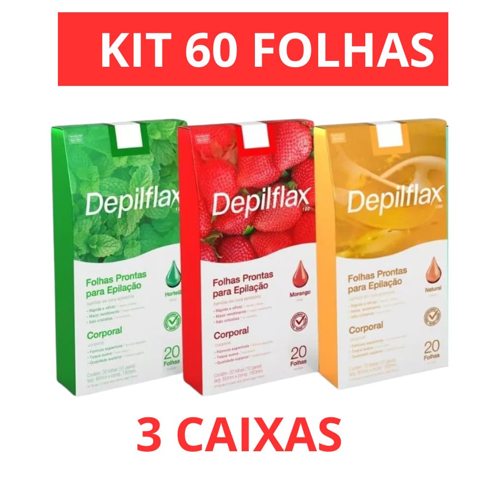 60 Folhas Prontas De Cera Depilatória Corporal Depilflax Morango, Hortelã, Natural