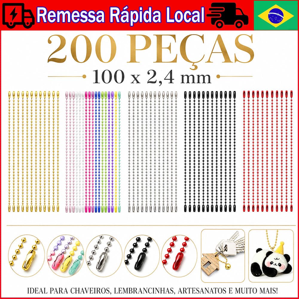 200 Correntes de Bolinha com Fecho, 100 x 2,4 mm, para Identificação, Pingentes e Chaveiros, Corte Ajustável