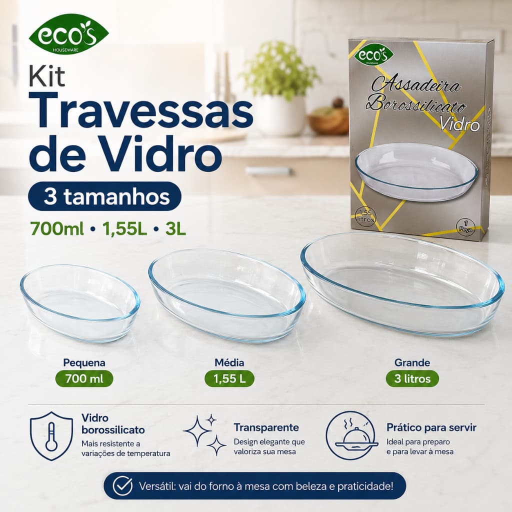 Kit Travessa De Vidro Para Servir Comida Grande