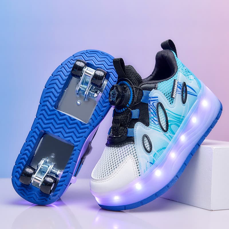 Malha única com roda com luz, encolhimento automático, sapatos de corrida, meninos, meninas, patins, podem andar, sapato
