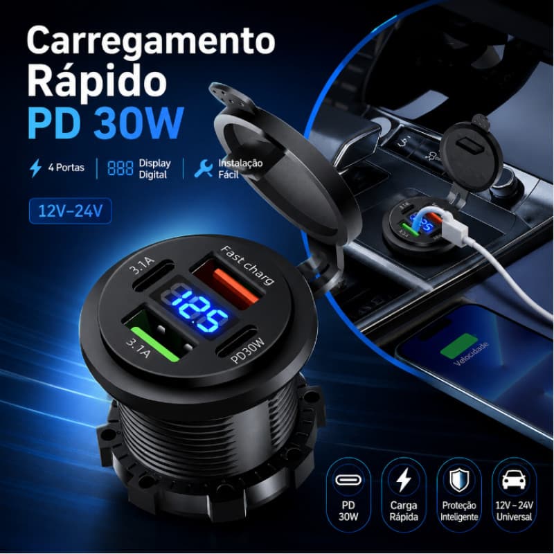 Arregador De Carro Tomada De Parede 4 Portas PD Voltímetro À Prova D'água USB Tipo C PD3.0 Potência Alta De 30W